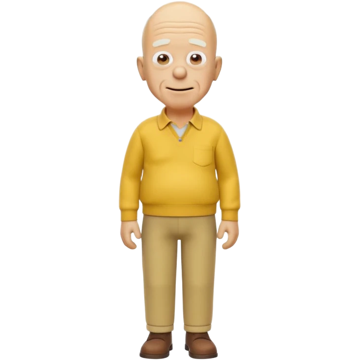 A 3D cartoon elderly man entirely yellow, styled like Grandpa Simpson, bald head with few hair strands, wrinkled face, yellow shirt and trousers, kind smile, cinematic Memoji-style render matching other Simpsons characters. emoji