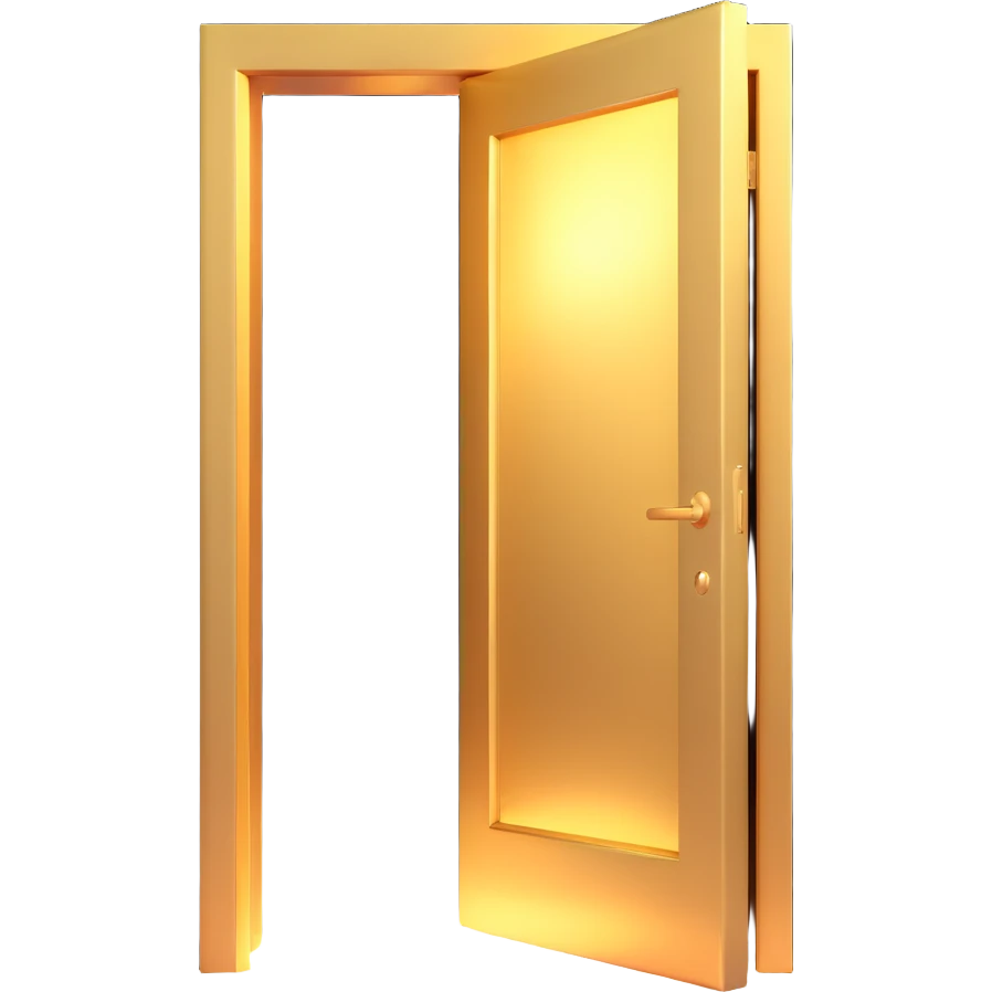 3D emoji style, dark environment featuring an elegant golden door ajar. Powerful and focused white light shaft and intense glow blasting through the opening. High contrast lighting. No background. emoji
