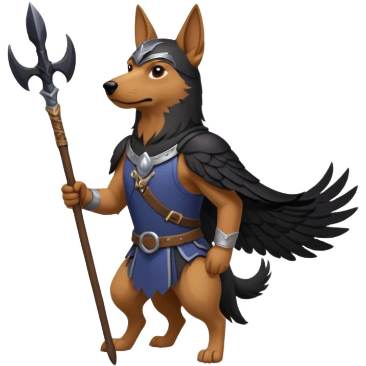 dog odin has spear. he has raven on his shoulder. dynamic pose emoji