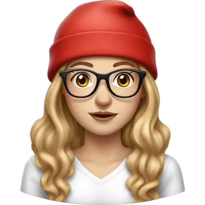 Hyperrealistic white girl with long blush hair with black glasses on, she is wearing a red santa hat  emoji