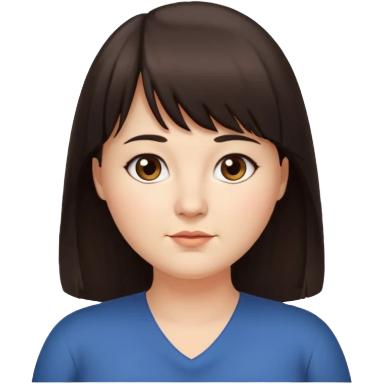 40 yr old woman, long hair down back, very small brown eyes, long hair, straight dark brown hair, bangs, chubby, long face emoji