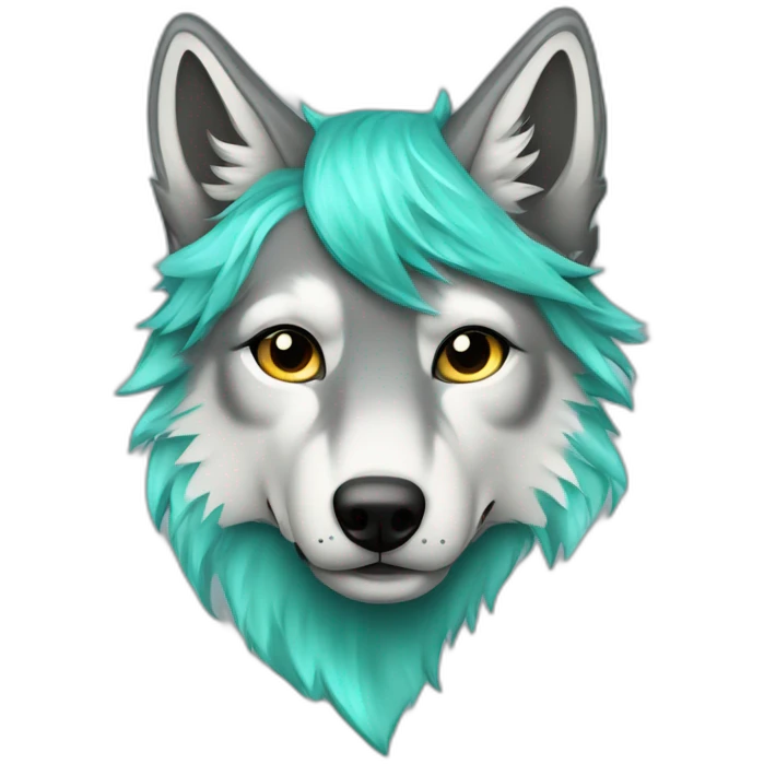 Grey wolf head with a star tatoo ocer his right eye, he have a turquoise glamrock mullet haurcut emoji