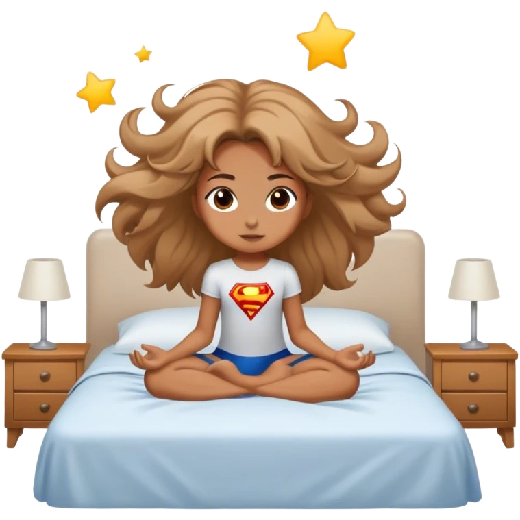 A girl their hair is floating and they have superpowers and they are sitting on their bed emoji