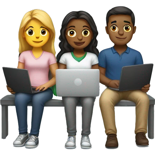 2 girl and 3 man each of them holding laptop and sit together  emoji