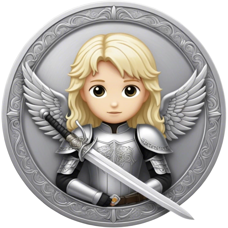 dark angel in plate engraved images with a silver sword and blond hair emoji