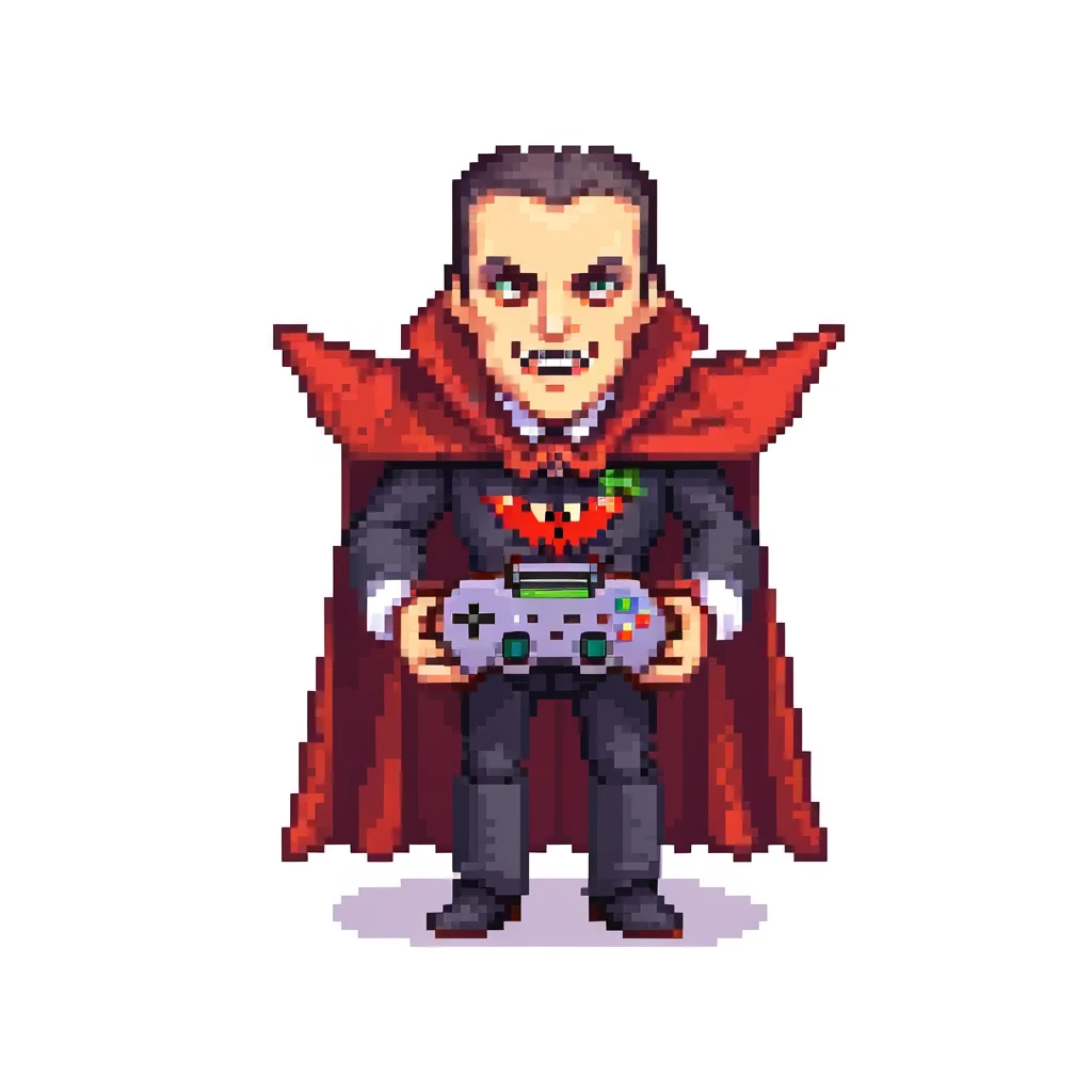 Count Dracula vampire with fangs and cape holding a gaming controller emoji