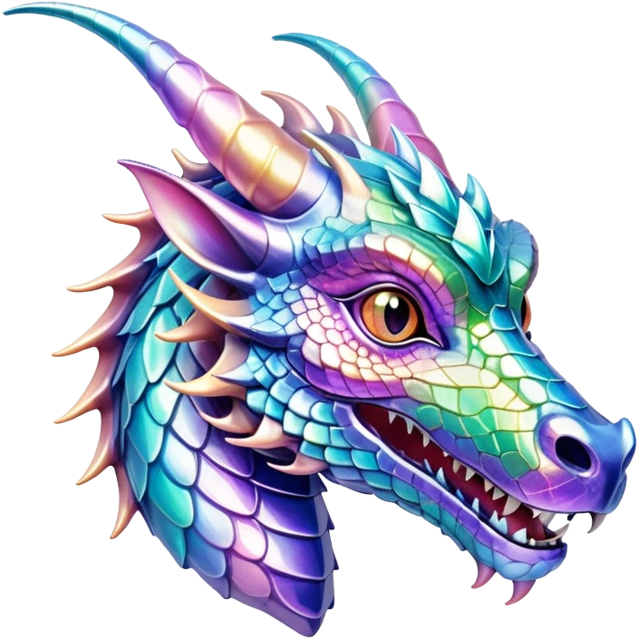 Sparkly glossy Pastel iridescent glass dragon head profile, 2 horns emoji