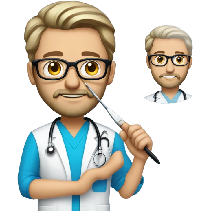 male dark blond haired doctor with grey van dyke beard with hazel eyes and small wire-rimmed glasses in blue scrubs holding a large paintbrush and jigsaw emoji