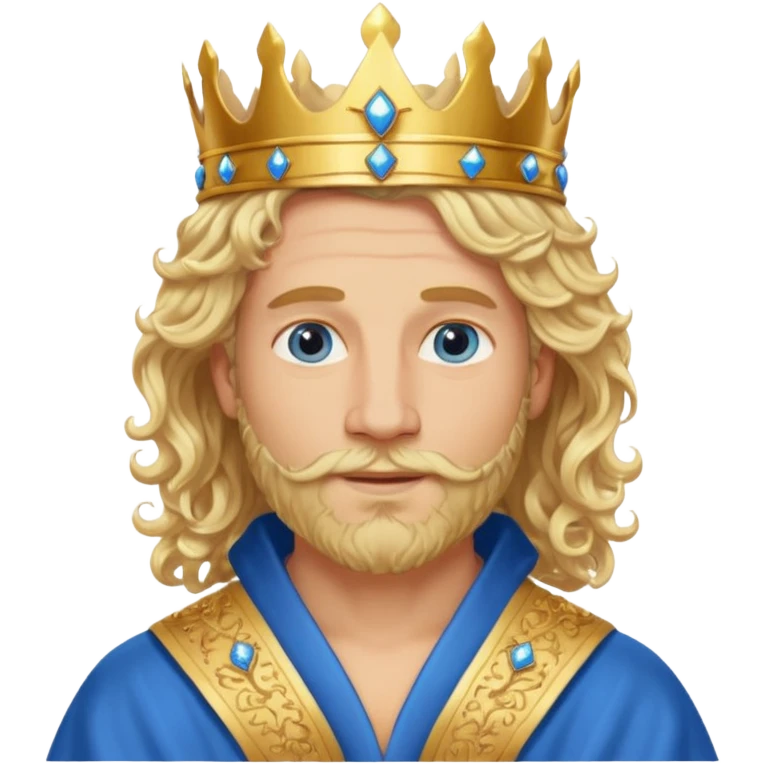 1 Middle-aged white king, 40 years old, blond hair, blond beard, long curly hair, blue eyes, kind and benevolent vibe, gentle smile, wearing a crown and blue robe emoj emoji