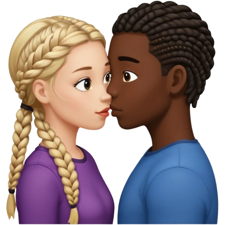 Please create a French kiss between a white girl with braids  and black boy with straight hair emoji