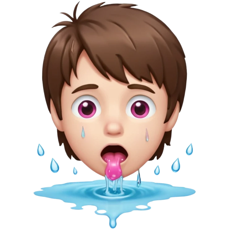 Pale Boy with shaggy brown hair, pink eyes looking up , mouth open , water drop dripping from lips emoji