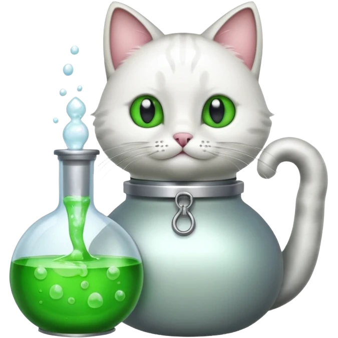 Sleek cat wearing a white coat, paw on a bubbling flask. emoji