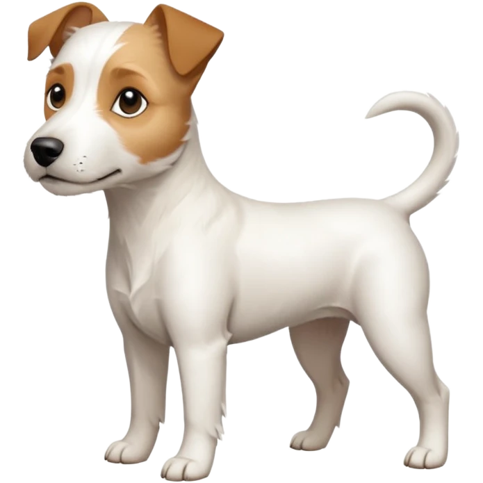 a full body white parson russell looking dog the size of a kelpie with light brown ears and a light brown patch on one eye and a large snout emoji