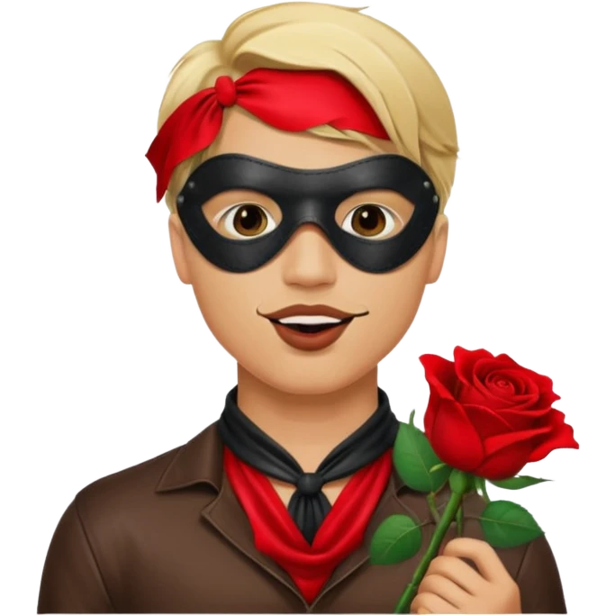 blonde man with leather eye mask and leather halter neck blouse, holding rose with his mouth emoji