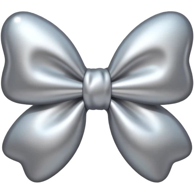 A cute bow emoji made of polished silver chrome, smooth rounded loops, glossy metallic surface, soft mirror reflections, subtle highlights, minimal and adorable proportions, iOS emoji style, centered composition, clean white background, soft studio lighting, no text, no outline, ultra high quality emoji