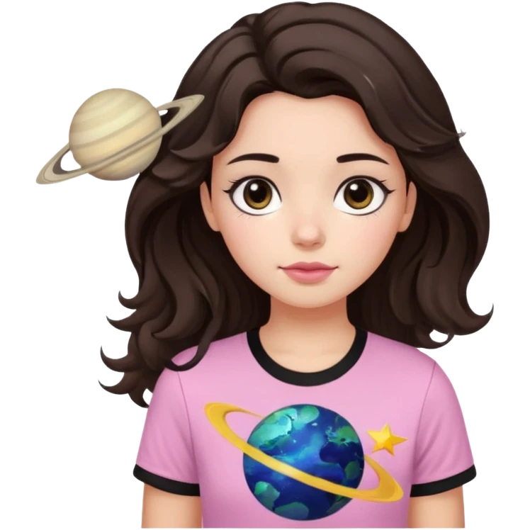 I want to design a girl with wavy hair that is dark brown, close to black And you wear a T-shirt Its color above the neck and sleeves is black The bottom is white, with a star and the planet Saturn on it Her eyes are also dark brown, and her cheeks are pink emoji