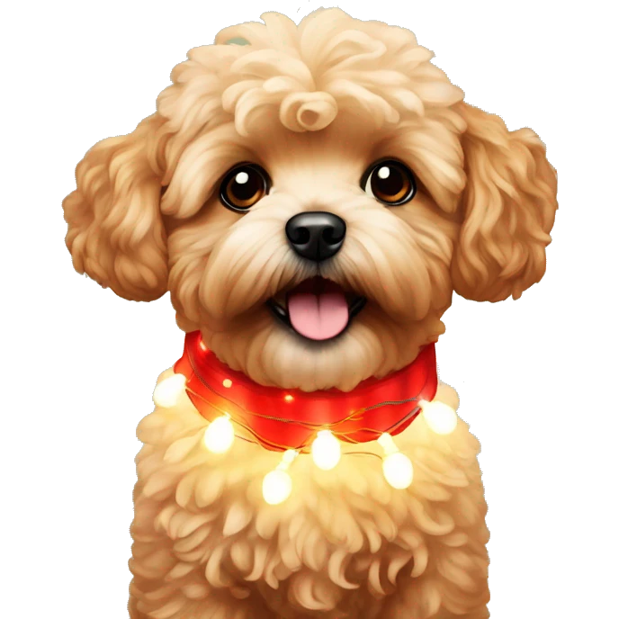 Red maltipoo with Christmas lights decorated around its neck emoji