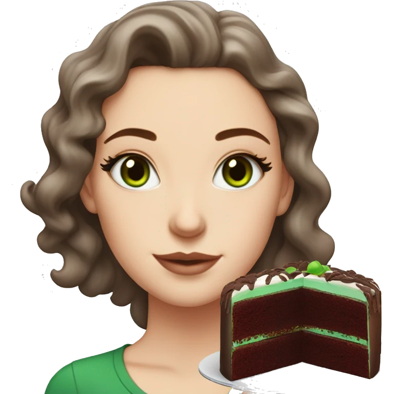 a white girl with dark red burgundy wavy hair and black eyeliner and green eyeseating a huge piece of chocolate cake  emoji