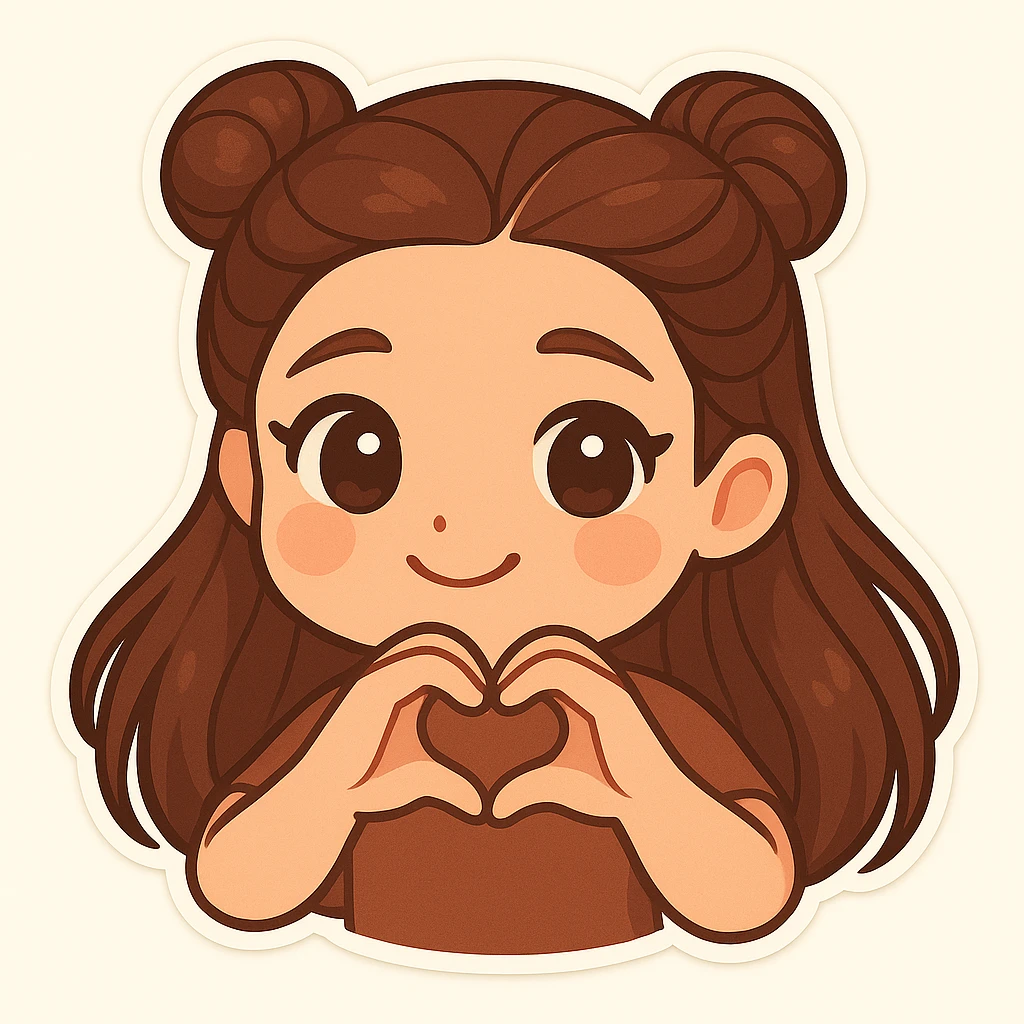 Create a chibi sticker of the girl with double bun hairstyle, making a heart shape with her fingers, sweet and loving. emoji