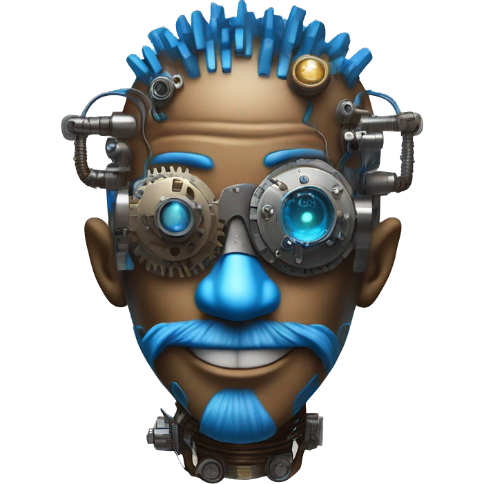 Brown cyborg head with blue Mohawk, blue beard, silver steampunk monocle goggles a smile and circuits emoji