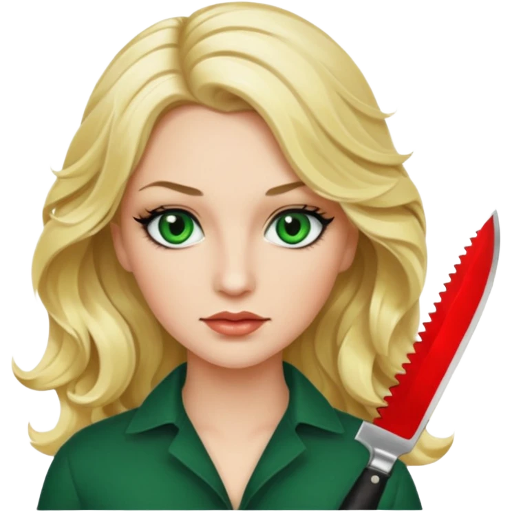 Emoji femme blonde cheveux blond ondulé, yeux vert avec de long cils noir qui porte un couteau emoji