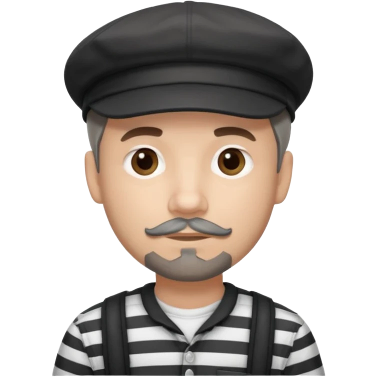 White Man with a dark grey goatee and a black newsboy cap. He is wearing a black and white striped shirt. He has dark black shadow  emoji