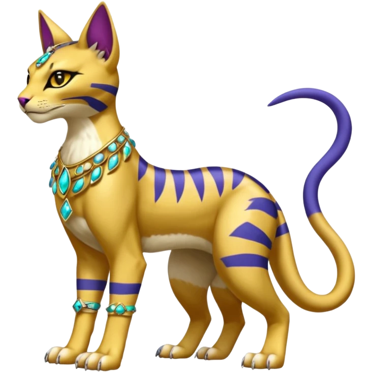 Egyptian furry hyper-realistic colorful Bastet-Liepard-Noibat-Gatomon-Garchomp-Digimon-Fakémon-Pokémon-creature (full body) emoji