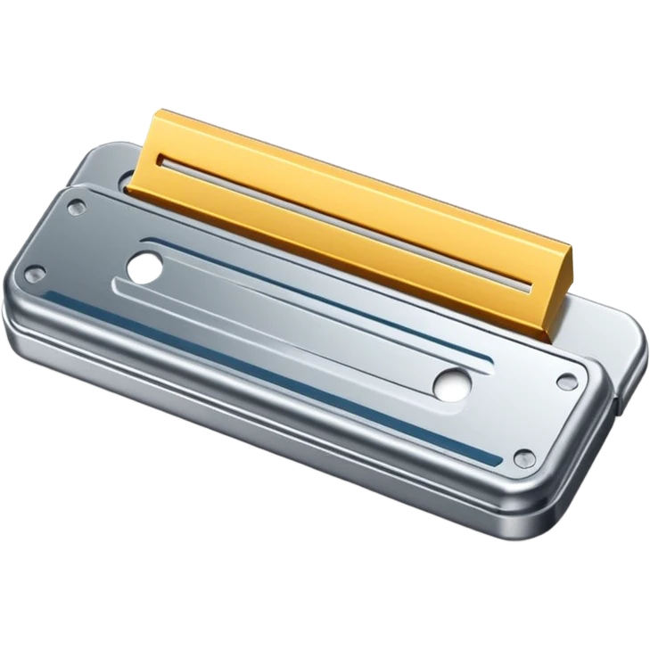 single metal razor blade cartridge with sleek rectangular frame, visible parallel blades, metallic or gray plastic casing, clean edges, compact form, no handle, no shaving cream, no extras, apple emoji style, soft lighting, subtle shadows, transparent background, emoji scale emoji