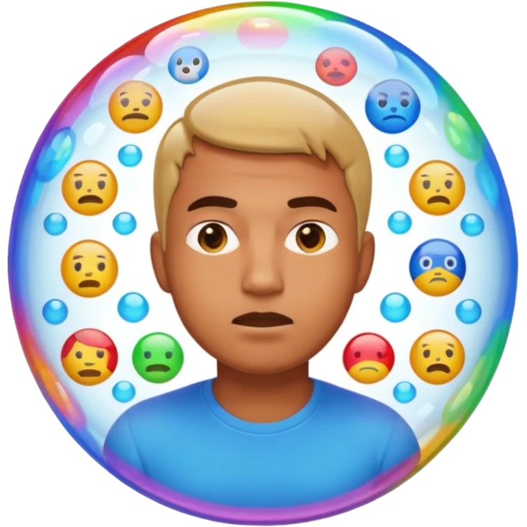 Realistic emoji-style man trapped inside a glowing filter bubble. The bubble contains identical social media icons and repeating content symbols. Outside the bubble are colorful diverse icons he cannot see. The man looks comfortable but unaware, expressing narrow perspective. emoji