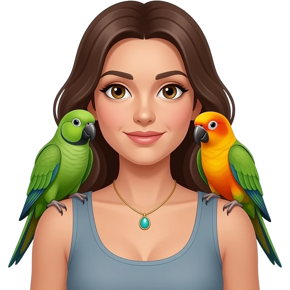 green indian ring neck parrot on a brown haired womans shoulder with a sun conure parrot with all green wings on her other shoulder the woman is wearing a necklace emoji