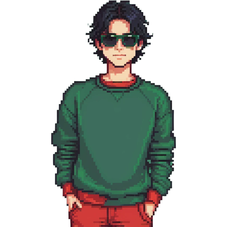 A guy in a red sweatshirt with sunglasses, with stylish black hair, stands in a cool pose emoji