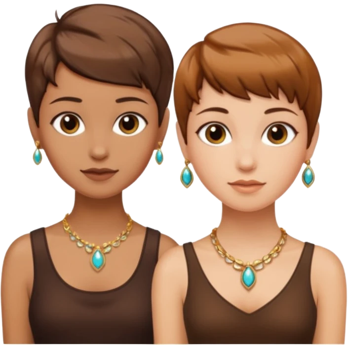 Fair skin and caramel colored besties with brown hair pixie cuts wearing jewelry  both brown hair  emoji