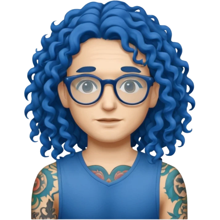 blue hair long curly, tattooes and glassress emoji