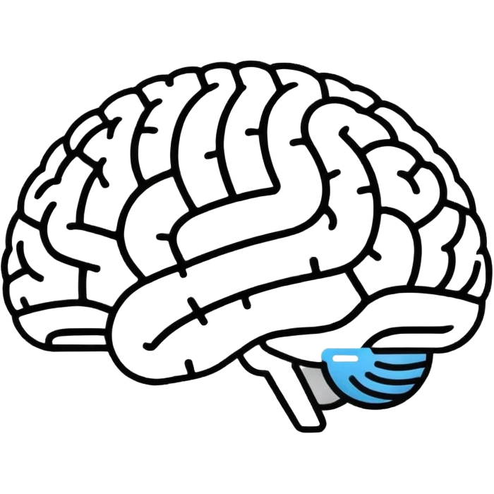 Super minimal brain icon, outline style, YouTube play triangle subtly integrated in center, single line art, monochrome or two-tone, clean vector, suitable for small size display, modern flat design emoji