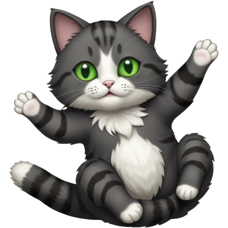 dark grey cat with green eyes, white toes/paws and white patch on her chest playfully rolling upside down emoji