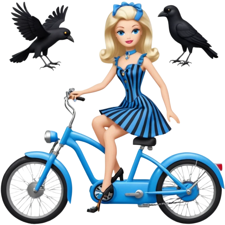 1920s coal hair hotrod Silkstone Marie Antoinette Barbie Wednesday Addams from academy in a blue and black vertically-striped classic dress. riding hot rod electric bikes with crows emoji