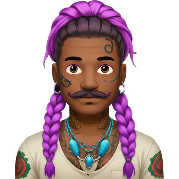 big lose braids starting from the top of the head man with mustache face wiith big visible braids and lots and lots of face tattoos colored tattoos like a tattoo artist hair unique color emoji