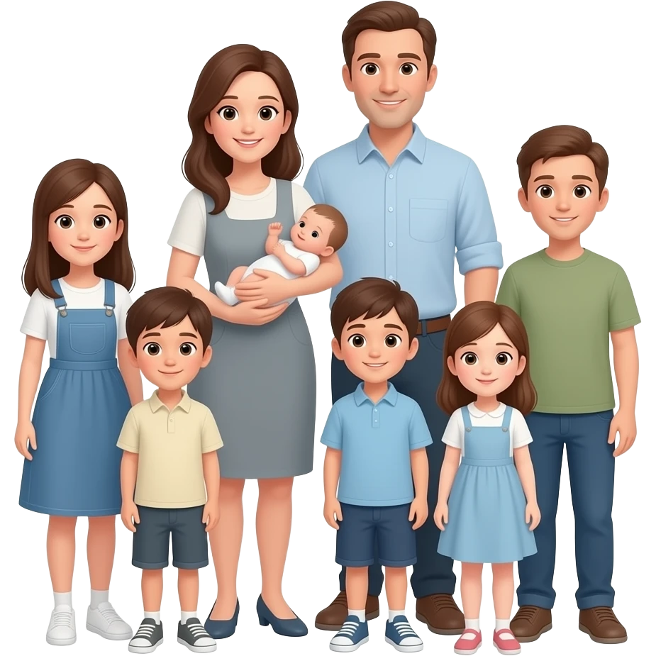 family of 8 white people and all with brown hair with 2 parents mom holding a newborn baby girl and dad with 6 kids in age order- girl-13, boy-10, boy-10, girl-8, girl-1 emoji