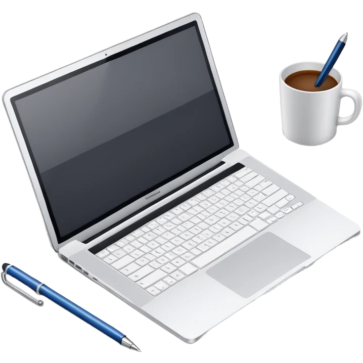 top view of a MacBook and a notebook with a pen nearby, notebook with visible notes emoji