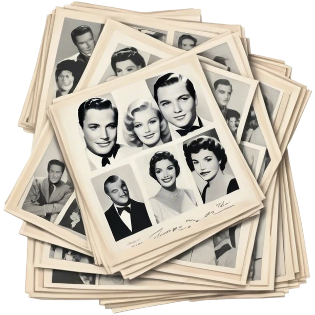 Icon for Autograph Collecting: several vintage framed with signatures of famous celebrities sheets stacked one on top of the other, each . The icon should evoke the charm and history of collecting autographs. Transparent background. emoji
