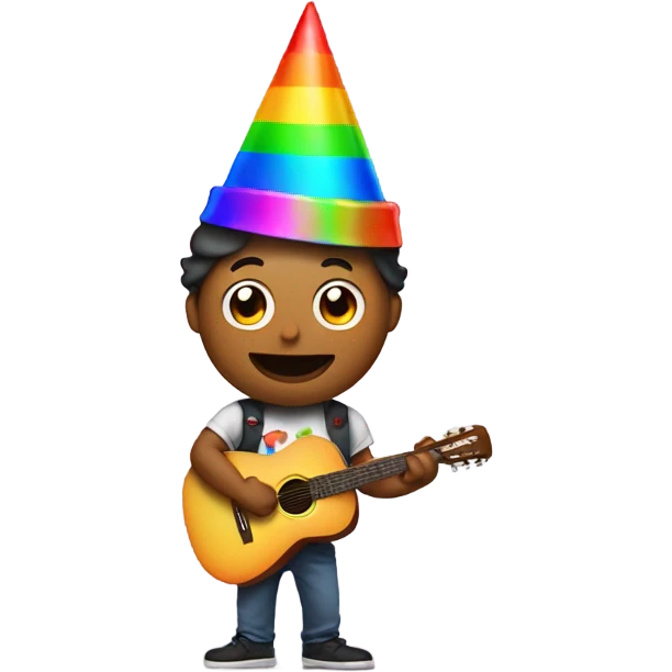 Guy with guitar holding an iPhone wearing party hat  emoji