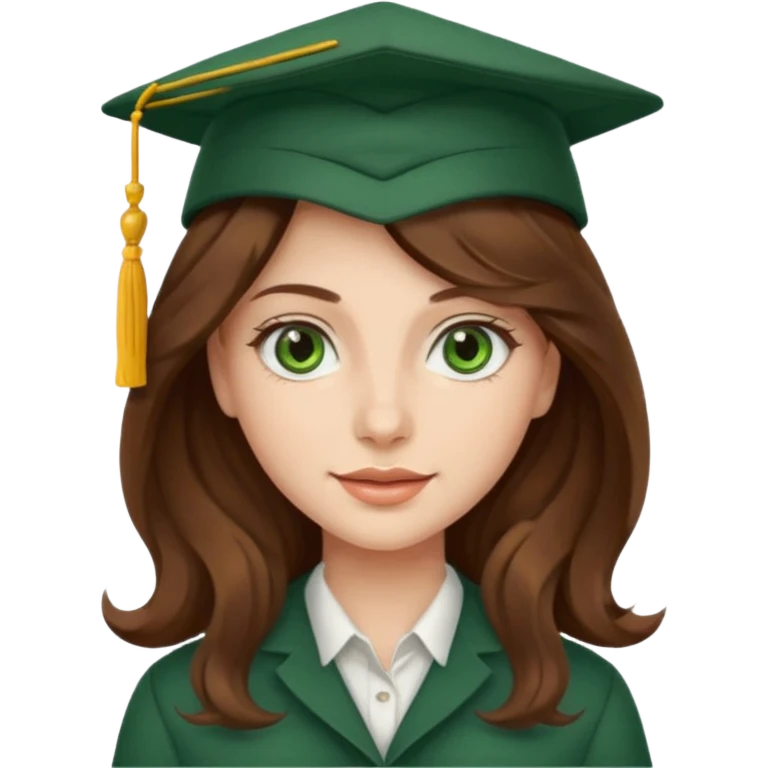 beautiful  woman with wavy long brown hair and green eyes with school hat emoji