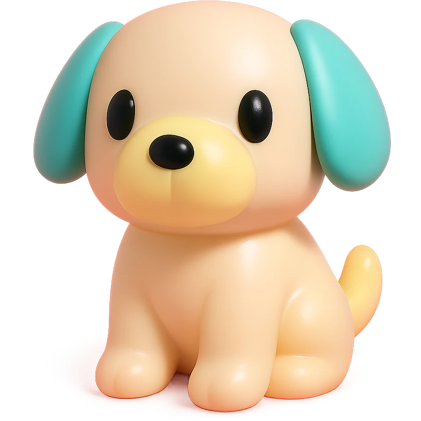               Transform {subject} into a soft vinyl figure with a smooth, glossy surface. The material should look slightly rubbery and tactile, with minimalistic curves and a matte-gloss hybrid finish. Use pastel or soft solid colors. The surface is seamless, with no visible textures or roughness. Studio lighting, vibrant background, clean, playful, designer toy aesthetic and no shadows. {subject} = dog emoji