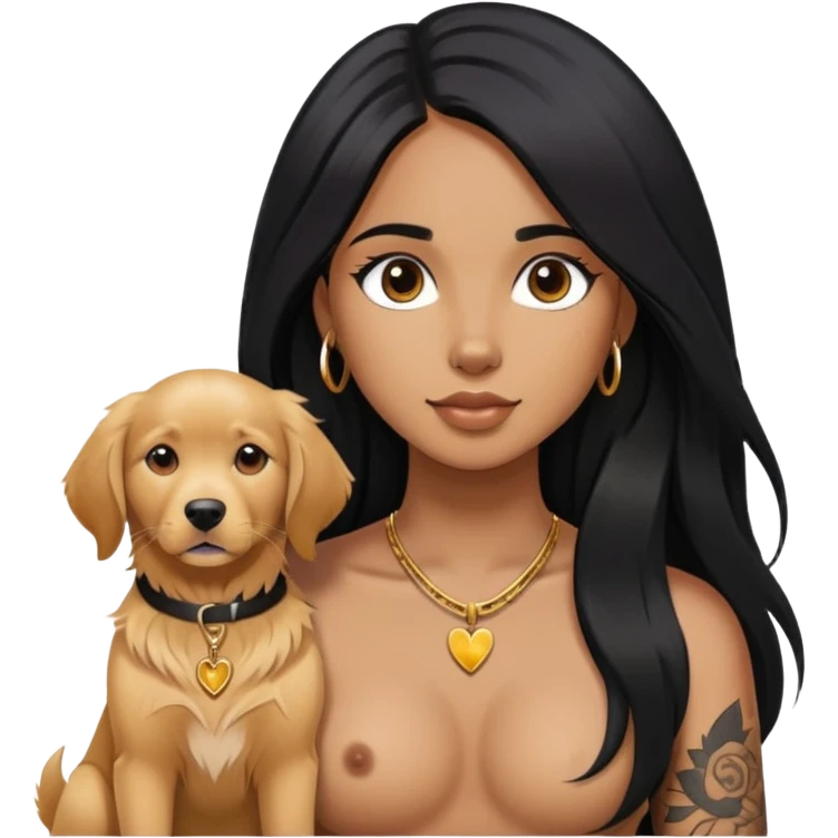 a brown girl with long black  straight hair and chest tattoos and  a golden retriever emoji