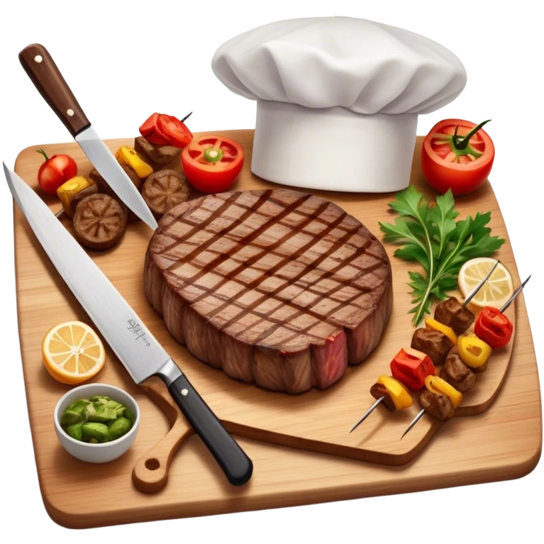 icon featuring a chef’s hat, a cutting board with fresh ingredients, a knife, a beautifully cooked ribeye steak, shashlik skewers, and a plate of food in the making. The design captures the passion of cooking with warm, inviting colors, and realistic textures. Transparent background. emoji