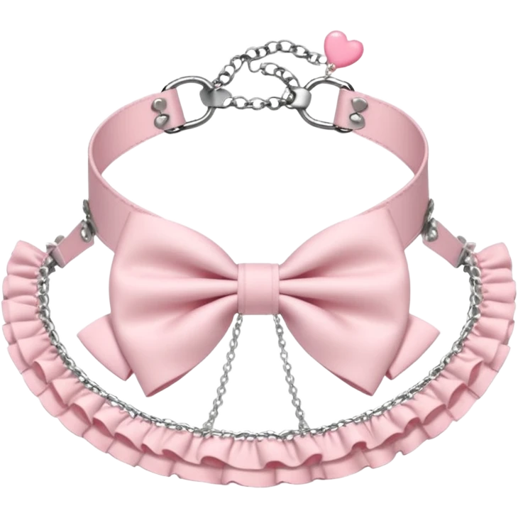 Pastel-baby-rose-pink Lolita-styled aesthetic cute kawaii choker-collar-necklace adorned with with white frills, roses, hearts, bow tie, silver chains,  emoji