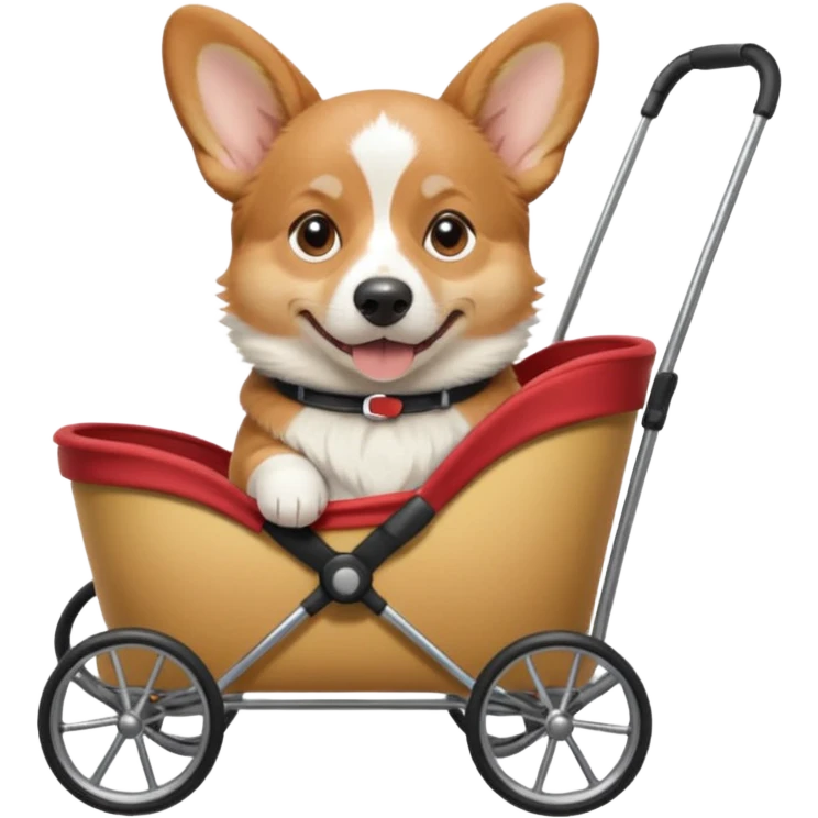 realistic male corgi sitting in a dog stroller, apple style emoji, corgi looks real emoji
