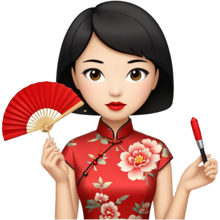a chinese woman wearing a cheongsam holding a folding fan elegantly with fancy, red lipstick and short black hair emoji