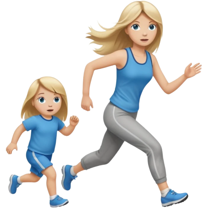 full length of a young woman with long straight dirty blonde hair, side bangs, and blue eyes. She is running behind a 1 year old baby girl emoji