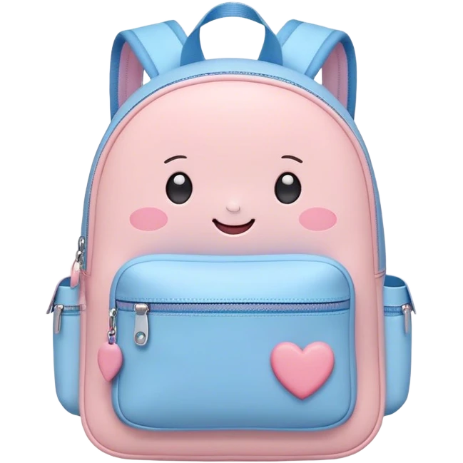 Cute Kawaii Backpack, round and chubby, soft pastel pink and blue, tiny heart-shaped zippers, blushing cheeks, a tiny smiling face, a happy school-time companion! emoji
